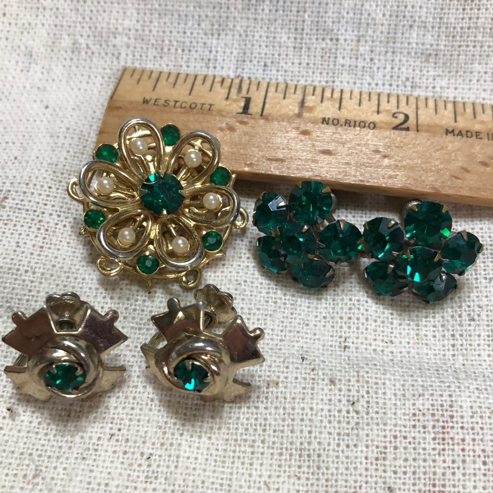 Green Rhinestone Brooch and Earrings